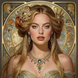 Margot Robbie as a French Goddess, cute, fantasy, intricate, elegant, highly detailed, digital painting, 4k, HDR, concept art, detailed jewelry, smooth, sharp focus, head and waist potrait, art by Artgerm and H R Giger and Greg Rutkowski and Alphonse Mucha