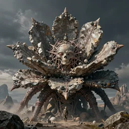 grotesque titan flower predator made from alien space stones, by rutkowski and giuseppe arcimboldo, james jean and erik jones and rhads, ultradetailed, photorealistic details, full frame, colossal scale, trending artstation