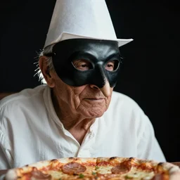 portrait photo of an old man, wrinkles, moody, sinister looking, long nose, crooked nose, black pulcinella masquerade mask, white conical hat, white wrinkled shirt, backlit, muted colors, pizza in foreground, black background, close - up, skin blemishes, acclaimed, nikon 5 0 mm, expensive masterpiece