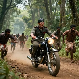 a british officer driving a motorcycle alone in 1921 in kerala forest road, local people chasing to attack, furious action scene, chase, an epic fantasy, dramatic lighting, cinematic, establishing shot, extremely high detail, photorealistic, cinematic lighting, artstation, by christopher nolan, horizon forbidden west