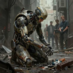 concept art of a post - apocalyptic automaton fixing its own arm with scraps in an alley, grimy, gritty, blade runner 2 0 4 9, trending on artstation, award winning painting, cgi, art by john berkey and anton fadeev and john howe and simon stalenhag and greg rutkowski