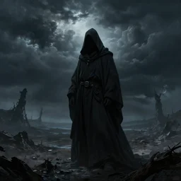 a cloaked mage in a desolate hellscape, dark stormy dramatic sky, Moebius, frank frazetta, james gurney, thomas kinkade, rodney mathews, beeple, trending on artstation
