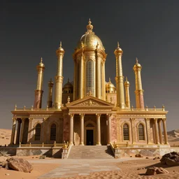 Alien desert planet, Neoclassical architecture colored, Castle Temple of the Gods, material brass & copper gold