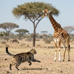 cat chasing a giraffe