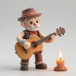 Claymation art of a old man playing guitar, 100mm, candle lightning, industrial colours, extremely detailed, 4K
