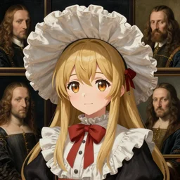 portrait of a character from touhou project with a large frilly hat, painting by hieronymus bosch, robert campin, albrecht durer, hugo van der goes, anime girl, beautiful, cute, moe, face detail, sharp focus, highly detailed, classic painting, cute frilly clothing