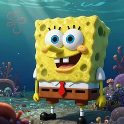 beautiful undersea landscape with intense spongebob showing very sharp teeth, global illumination, volumetric shadows, volumetric lighting,