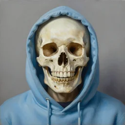 a beautiful, hyperrealism, oil painting symmetrical portrait of a happy skull being wearing a light blue hoodie, in the style of reisha perlmutter and eric zener : 5