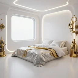 a hyperrealist photography taken head height looking at a corner of a very clean futuristic cozy bedroom with white leds and a gold and silver steampunk from myst, by jungyeonmin and ward lindhout, architecture, bedsheets on the floor against the window corner, clean floor, stream