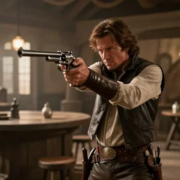 film still of the man with no name aiming a colt in new star wars, tavern scene, 4 k