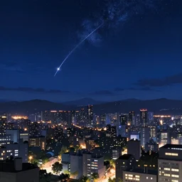 Anime night cityscape, sky, shootig stars