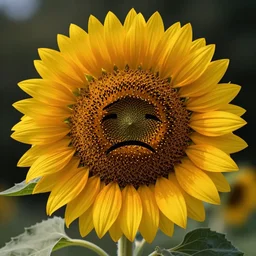 a sunflower that resemble a sad face, photorealistic, madness, ultradetailed, volumetric dramatic light