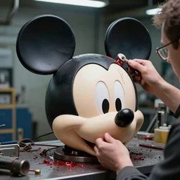 mechanics fixing bloody mickey mouse head, mechanic facility, made by beeple, cgsociety, artgerm, greg rutkowski, highly detailed intricate 4 k art, low light cinematic, octane render, unreal engine,