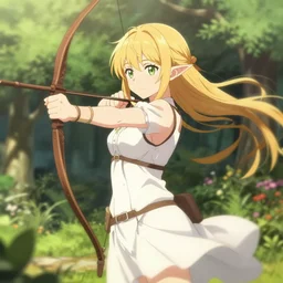isekai cute anime girl elven archer. in a garden. aesthetic, golden ratio. beautiful lineart, depth focus, rankings pixiv, artstation, soft lighting, srgb, artstation, hdr, cinematic, character concept, motion blur, chromatic abberation. by dave greco, trent kaniuga, kienan lafferty