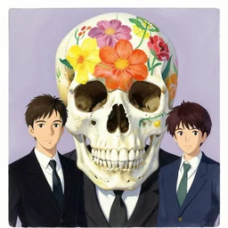 large skull painted with vivid flowers on a black suit and tie by Jen Bartel and Dan Mumford and Satoshi Kon, gouache illustration