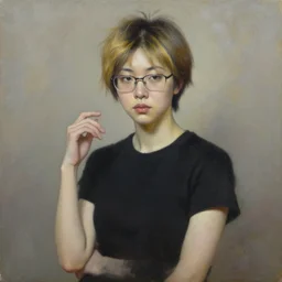 portrait of a korean trans girl with very short hair that is slightly blonde at the tips, bedhead, wearing glasses, wearing a black t-shirt, oil on canvas, elegant pose, masterpiece, Jonathan Yeo painting