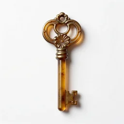 amber ornate key, commercial catalog photo, isolated on a pure white background, centered, entire object in frame, sharp focus, soft studio lighting