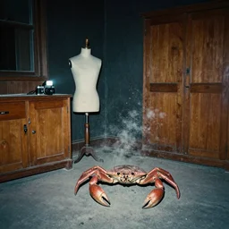 Photograph of an old black room with a mannequin, dust in the air, brown wood cabinets, SCP, taken using a film camera with 35mm expired film, bright camera flash enabled, award winning photograph, sleep paralysis demon crabwalking towards camera, creepy, liminal space, in the style of the movie Pulse