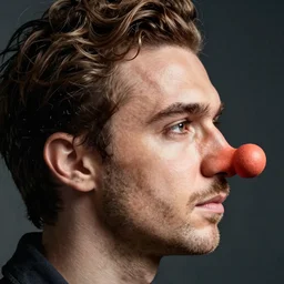 a hipster man with a pinocchio nose. by eric lafforgue. hyper realistic high key profile headshot photograph.