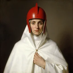portrait of a priestess, wearing all - white clothes, and a red helmet, by gerald brom, and donato berthold.