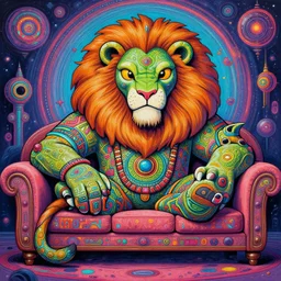 portrait of a giant cartoon alien lion as a psychedelic neural tiki reptile stone god laying on a sofa, by naoto hattori, android jones, and chris dyer, deep bold colors, galactic dmt entity, depth of field, intricate beautiful painting, billions of details, octane render, portal, 8 k, detailed vector, trending on artstation, cgisociety