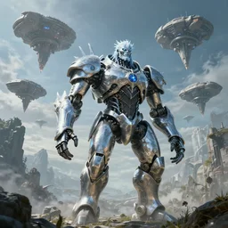 highly detailed elden ring portrait photo of a huge chrome plated robotic frost giant in scenic dystopian environment. a fleet of even bigger massive spacecrafts lift off and flying in the background, hyperrealistic illustration by william didier - pouget