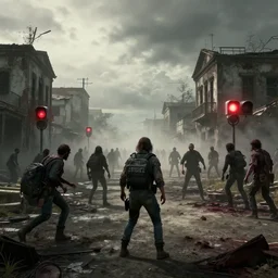Realistic art of zombie apocalypse in lost city, ultra detailed, photorealistic,8K,HD, sky light, foggy, police signals, peoples panic,