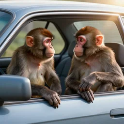 two macaques looking at each other inside car bmw e 4 6, digital art, soft shadows, creepy art, sun flare
