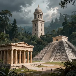 a neoclassical tower with dome on a magical gloomy mystical forest, next to a beatiful aztec pyramid and a ancient greek temple. by frank lloyd wright, wlop, futuristic