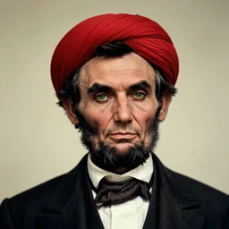 portrait of abraham lincoln as afghan man, green eyes and red turban looking intently, photograph by steve mccurry