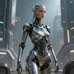 ultra realistic, beautiful female cyborg in a space metropolis, sci-fi, cyberpunk, concept art, intricate details, eerie, highly detailed, octane render, 8k, , art by artgerm and greg rutkowski and alphonse mucha