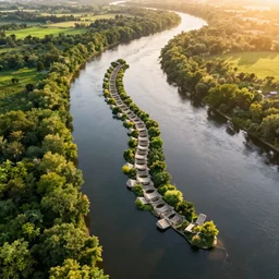 wide landscape photo of river in that mimics the shape of a human spine, drone photo, golden hour, lush green vegetation