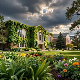 photograph of the kennesaw state university campus, covered in plant life, flowers, and bees