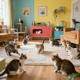 many cats playing in a large colurful room, photorealistic, 4 k, highly detailed