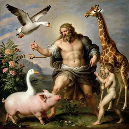 the mighty god is creating the animals, a pig, flying goose, flowers, plants, giraffe, and a human, by caravaggio