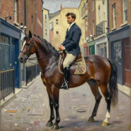painting of a man on a horse in a Dublin alleyway, painted by George Bellows, 1905