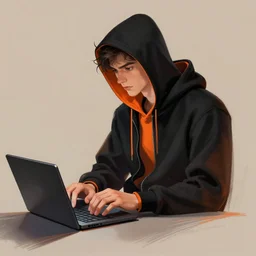 a triple a game concept art of a young tall handsome hacker in a black - orange hoodie typing in a portable computer, art by cushart krentz and greg rutkowski, elegant, front view, male person concept art, sharp focus, morandi color scheme, fantasy style, illustration, high quality, digital art, hyperrealism, octane render, commission art