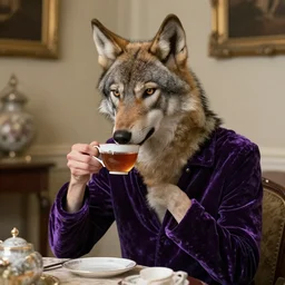 Tall emaciated man wolf hybrid with  long coyote like ears, wearing a purple velvet enjoying a cup of tea, British Tea Parties, highly realistic, Rick Baker style, photoreal, photograph in the style of Annie Leibovitz