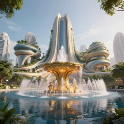 hyper realistic matte painting by weta digital of a modern nature city, rounded organic architecture with grand ornate water fountain, reflections on water, glow, water fountains, epic composition, octane engine