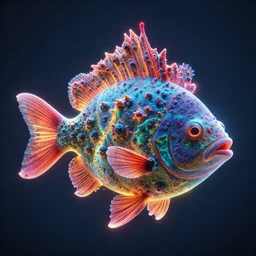 a hyperrealistic 3 d octane render of a fish made entirely of mandelbrot fractals, unreal engine, dramatic lighting, volumetric lighting, backlit, vray lighting, ray tracing, ultra detailed, photorealism, neon, glowing