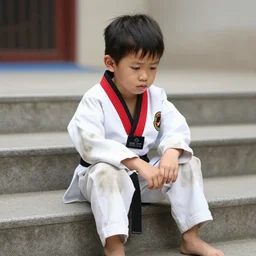 photo of sad tiny scrawny asian kid wearing dirty taekwondo dobok sitting on stairs outside gym, realistic