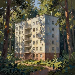 beautiful matte painting of cute soviet block of flats hrushevka in end of forest by ivan aivazovsky,