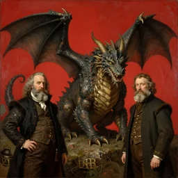 Solomon Joseph Solomon and Richard Schmid and Jeremy Lipking victorian genre painting portrait painting of a old rugged dragon huge dragon from the hobbit , red background