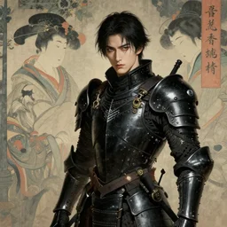 portrait of gothic and futuristic young man, samurai, cyber armor, black armor, sword glint, the middle ages, highly detailed, artstation, in the style of moebius, jugendstil and classic japanese print, art by jean delville