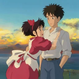 sunset, beach, in the style of studio ghibli, j. c. leyendecker, greg rutkowski, artgerm