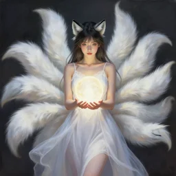a woman in a white dress holding a glowing ball | with nine white fox tails | a detailed painting by ross tran | wlop and stanley artgerm lau | featured on deviantart | fantasy art | hyperrealism!!!!!!!!!!!!!!!!!!! | anime | 2 d game art | official art