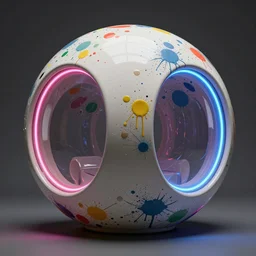 a massive generative design structured ceramic futuristic pod with paint splatters all over it, neon lighting