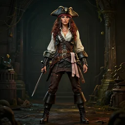 full body pose, hyperrealistic photograph of a attractive pirate woman, dim volumetric lighting, 8 k, octane beautifully detailed render, extremely hyper detailed, intricate, epic composition, cinematic lighting, masterpiece, trending on artstation, very very detailed, stunning, hdr, smooth, sharp focus, high resolution, award, winning photo, dslr, 5 0 mm