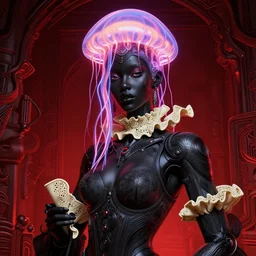 portrait of an absurdly beautiful, graceful, sophisticated, fashionable black cyberpunk mechanoid gravure idol, hyperdetailed illustration by irakli nadar, maria borges, matt wisniewski style, intricate linework, dark black skin, neon jellyfish headdress, ivory carved ruff, unreal engine 5 highly rendered, global illumination, red light, detailed and intricate environment