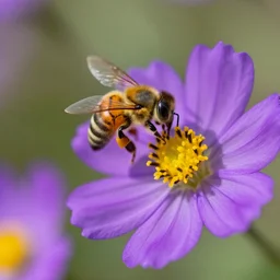 a bee landing on bright purple flowers with a yellow center, close up dslr photo